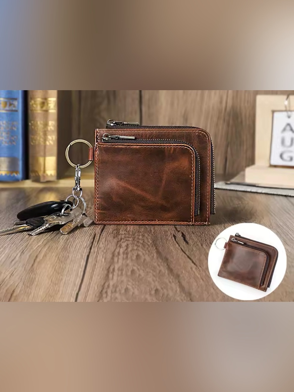 New Vintage Brown genuine Leather Zip Wallet with Keyring Accent